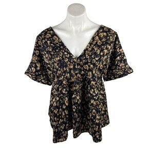 Entro Women Small Floral Blouse Babydoll Ruffle Tassel Tie Back V Neck NWT